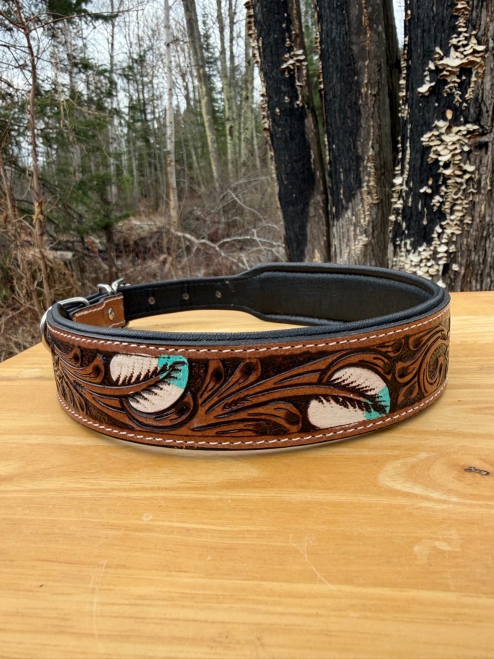 Tooled Leather Western Dog collar with Turquoise Accent